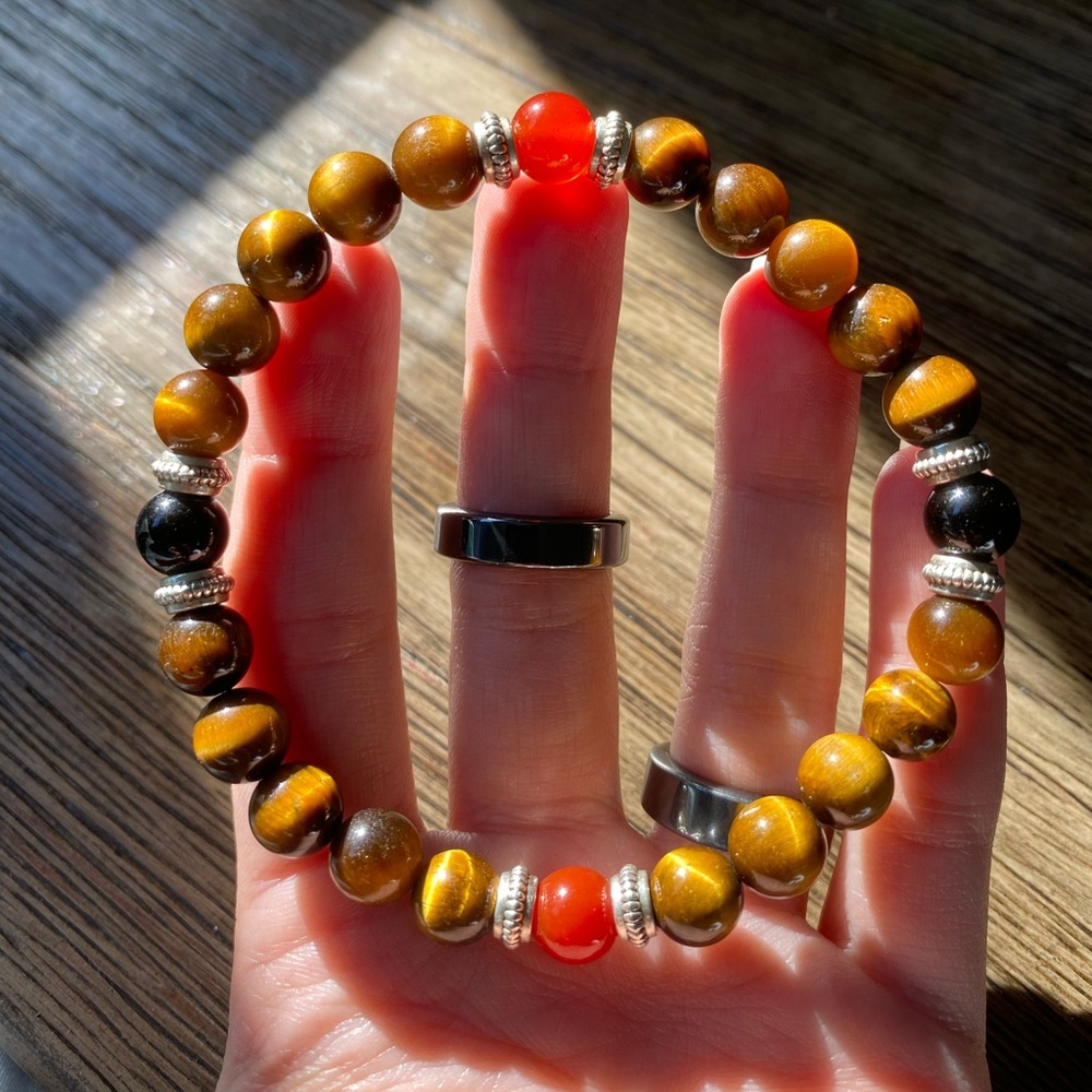 Handmade Tiger's Eye, Carnelian, & Onyx Crystal Beaded Bracelet
